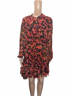 Saloni Red Black Floral Ruffle Mini Dress Long Sleeve Boho Romantic Tiered